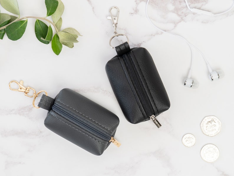 Vegan Leather Small Coin Purse / Leather Earphone Case / Small Zipper Keychain Pouch / Boxy Keyring Change Holder / Unisex Vegan Gifts image 4