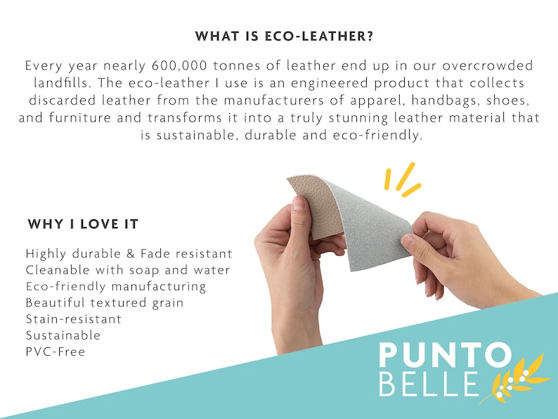 May include: A close-up of a hand holding a piece of eco-leather, a sustainable and durable alternative to traditional leather. The text "WHAT IS ECO-LEATHER?" and "WHY I LOVE IT" is visible in the image. The text also lists the benefits of eco-leather, including being fade resistant, cleanable with soap and water, and eco-friendly. The text "PUNTO BELLE" is also visible in the image.
