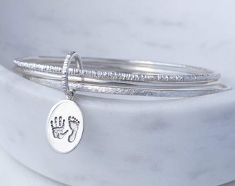 Silver Triple Hammered Bangle With Oval or Heart Handprint and Footprint Charm