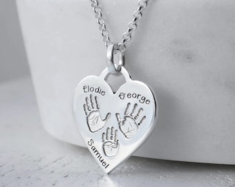 Multiple Handprint or Footprint Silver Heart Necklace