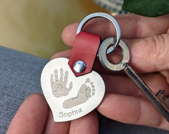 Personalised Handprint and Footprint Leather and Steel Heart Keyring