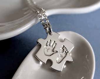 Silver Handprint and Footprint Jigsaw Puzzle Necklace
