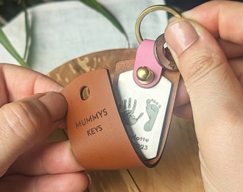 Personalised handprint and footprint leather case keyring