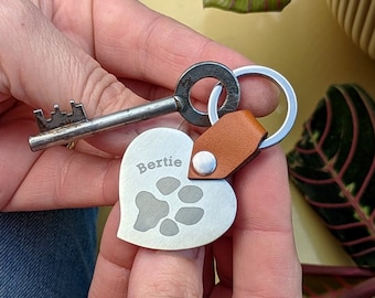 Personalised Pet's own Paw Print Leather and Steel Heart Keyring