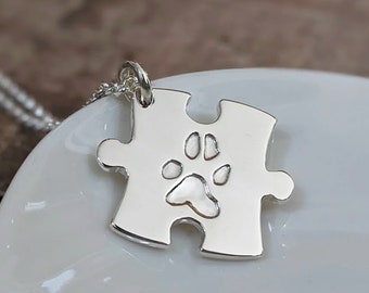 Personalised Pets Paw Print Silver Jigsaw Puzzle Necklace