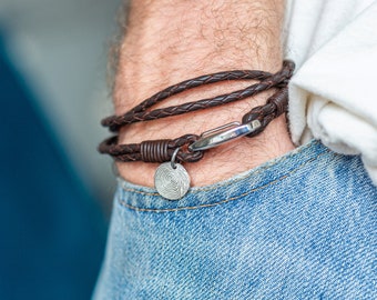 Men's Leather Wrap Bracelet with Fingerprint Charm