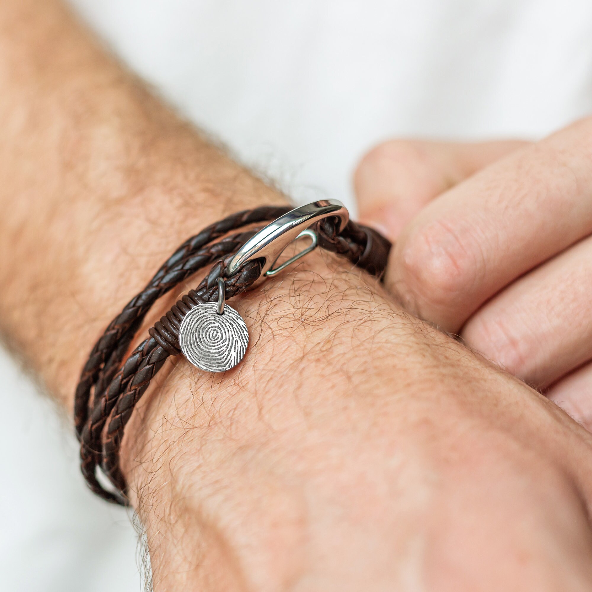 Men's Leather Wrap Bracelet With Fingerprint Charm 