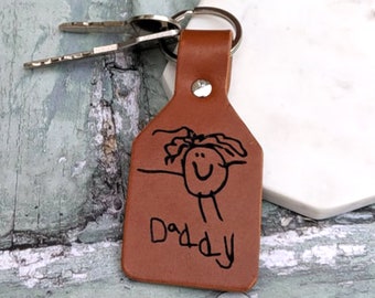 Personalised Engraved Child's Drawing Leather Keyring