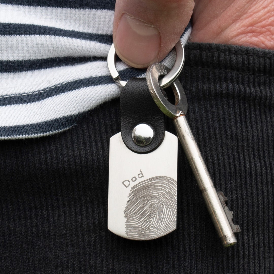 Buy Personalised Fingerprint Leather and Steel Keyring Online in - Main Image