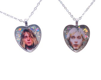 Handmade Necklace - Heart Shaped Pendant and Holographic Glitter Background - Gift for Fans - Kurt Cobain - Nirvana