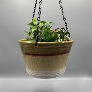 May include: A ceramic hanging planter with a speckled tan and cream glaze, featuring a dark brown horizontal band near the rim. The pot is suspended by three black metal chains and contains a lush green ivy plant with variegated leaves.