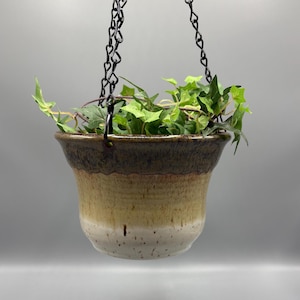 May include: A ceramic hanging planter with a gradient glaze transitioning from dark brown at the rim to a speckled tan and off-white base. The pot is suspended by a black metal chain and contains a green ivy plant with trailing leaves.