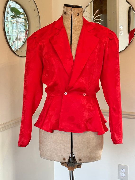 Gorgeous Vibrant Red 80s Silk Peplum Blouse Button