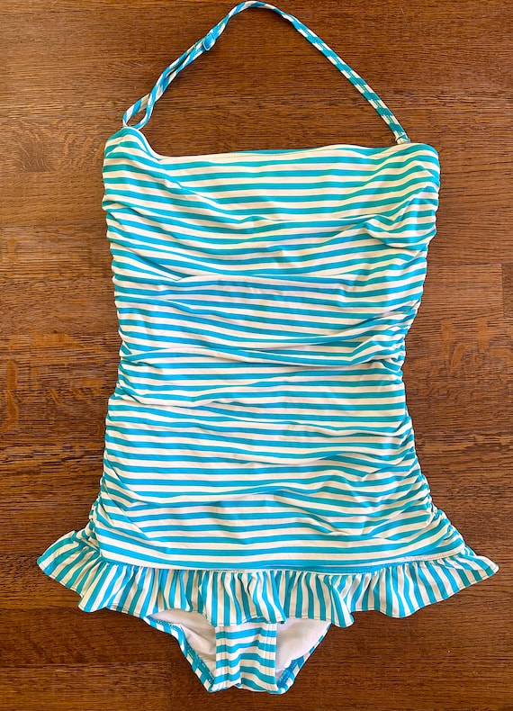 Vintage 80s striped Turquoise and White Maillot Sw
