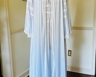 Vtg 60s Sheer Nylon Peignoir Long Nightgown & Robe Set Baby Blue w Ivory Lace Sz S/M