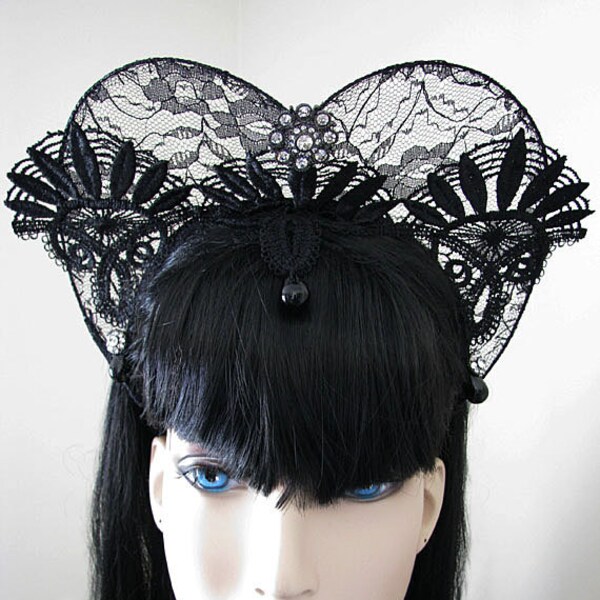 Black Lace Medieval Tudor Renaissance Burlesque Rhinestone Crown Horse racing Fascinator Race Headpiece Tiara Headband Czech Glass Drops