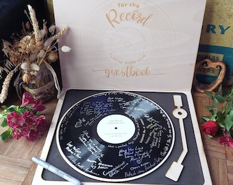 Personalised 12” Vinyl Record Wedding Guest Book Alternative with Vintage Record Player Display and Sign Our Guestbook Back