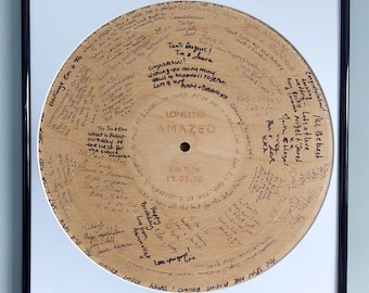 Livro de visitas de casamento alternativo, emoldurado, gravado a laser e personalizado com a música de primeira dança do casamento, livro de visitas de casamento de madeira LP