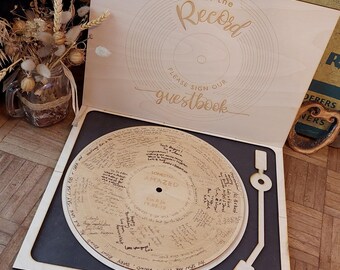Personalised Wooden Record Wedding Guestbook Alternative With Vintage Record Player Display stand also available with frame, stand & sleeve
