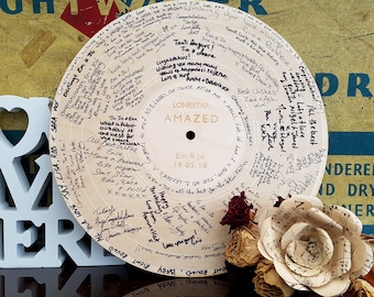 Livro de visitas de casamento alternativo, gravado a laser e personalizado com sua primeira música de dança, livro de visitas de casamento de madeira LP