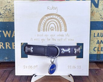 Personalised Pet Memorial for dog or cat collar, laser engraved on to wood with name date and message
