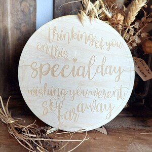 Engraved wooden Memorial Wedding Table Sign &#39;Thinking of you on this special day wishing your weren&#39;t so far away&#39; with optional stand