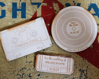 Personalised Wedding Save the Date Invitation magnetic Laser engraved wooden retro LP record, Tape or Ticket