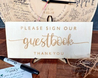 Engraved wooden Please Sign Our Guest Book Wedding Sign with optional stand