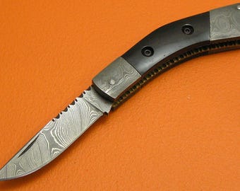 Handmade Damascus Steel Folding Knife, Buffalo Horn Handle, Cowhide Sheath