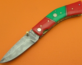 Custom Handcrafted Damascus Steel Folding Knife Net Infused Resin Handle Cowhide Sheath C39V-1