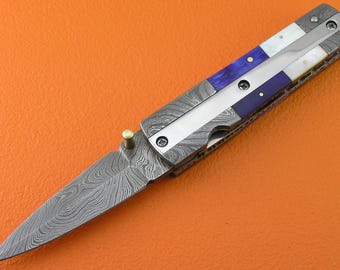 Custom Forged Damascus Steel Bone Pearl Handle Liner Lock Pocket Folding Knife Gift for Dad Groomsmen Anniversary Wedding Gift C77C