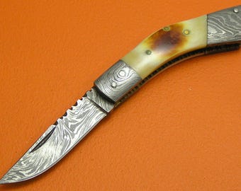 Handmade Damascus Steel Folding Knife, Flamed Camel Bone Handle, Cowhide Sheath