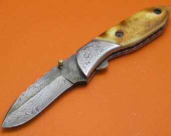 Large Handmade Damascus Steel Folding Knife with xx Handle & Leather Sheath Ideal Gift for Him Groomsmen and Collectors C65BE-1