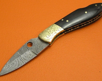 Handmade Small Damascus Steel Pocket Folding Knife, Buffalo Horn Handle, Cowhide Sheath