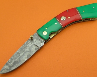 Custom Handcrafted Damascus Steel Folding Knife Net Infused Resin Handle Cowhide Sheath C39V-2