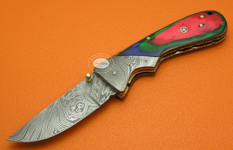 May include: A folding pocket knife with a Damascus steel blade and a colorful wood handle. The handle is red, green, and blue with a gold accent.