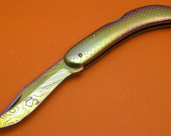 Ltd Ed. Handmade Large Titanium Coated Full Damascus Liner Lock Pocket Folding Knife Gift for Groomsmen Anniversary Wedding Dad Gift T8-1