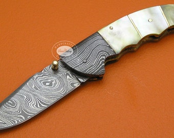 Handmade Damascus Steel Mother Of Pearl Liner Lock Folding Knife Gift For Him Her Dad Groomsmen Anniversary Wedding Gift FS490P-1