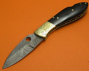 Handmade Small Damascus Steel Pocket Folding Knife, Buffalo Horn Handle, Cowhide Sheath