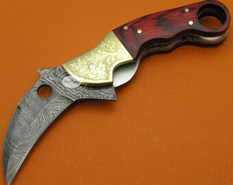 Custom Handmade Damascus Steel Karambit Knife Cherry Color Pakkawood Handle Cowhide Sheath Included C90J-1