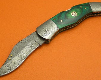 Handmade Damascus Steel Folding Knife, Green Pakkawood Handle, Cowhide Sheath