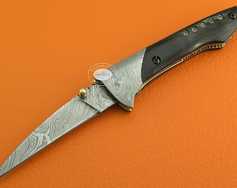 100% Handmade & Forged Sana Cutlery Damascus Steel Buffalo Horn Handle Liner Lock Folding Knife FS297A-1