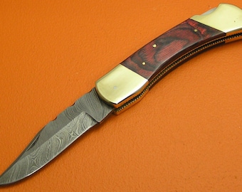 Handmade Damascus Steel Large Folding Knife, Cherry Color Pakkawood Handle, Cowhide Sheath