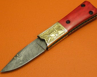 Handmade Damascus Steel Folding Knife, Pink Dyed Camel Bone Handle, Cowhide Sheath