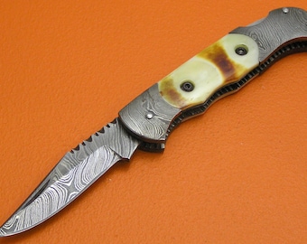 Handmade Small Damascus Steel Pocket Folding Knife, Flamed Camel Bone Handle, Cowhide Sheath