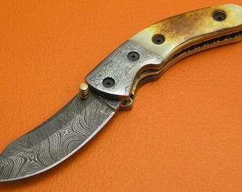 Handmade Damascus Steel Large Folding Knife, Flamed Camel Bone Handle, Cowhide Sheath