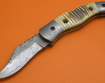 Handmade Damascus Steel Folding Knife, Engraved Flamed Camel Bone Handle, Cowhide Sheath