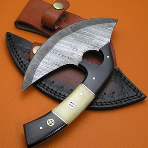 100% Handmade Damascus Steel Buffalo Horn Camel Bone Professional Alaskan Ulu Pizza Cutter Kitchen Ulu Chef Ulu Knife P1AB-1