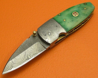 Handmade Small Damascus Steel Folding Knife, Green Dyed Camel Bone Handle, Cowhide Sheath