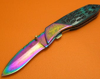 Rainbow Titanium Damascus Folding Knife, Green Jigged Camel Bone Handle, Cowhide Sheath